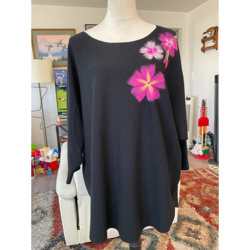 Floral Needle Felted Knit Sweater Black Boho Whimsical Oversized Tunic Top